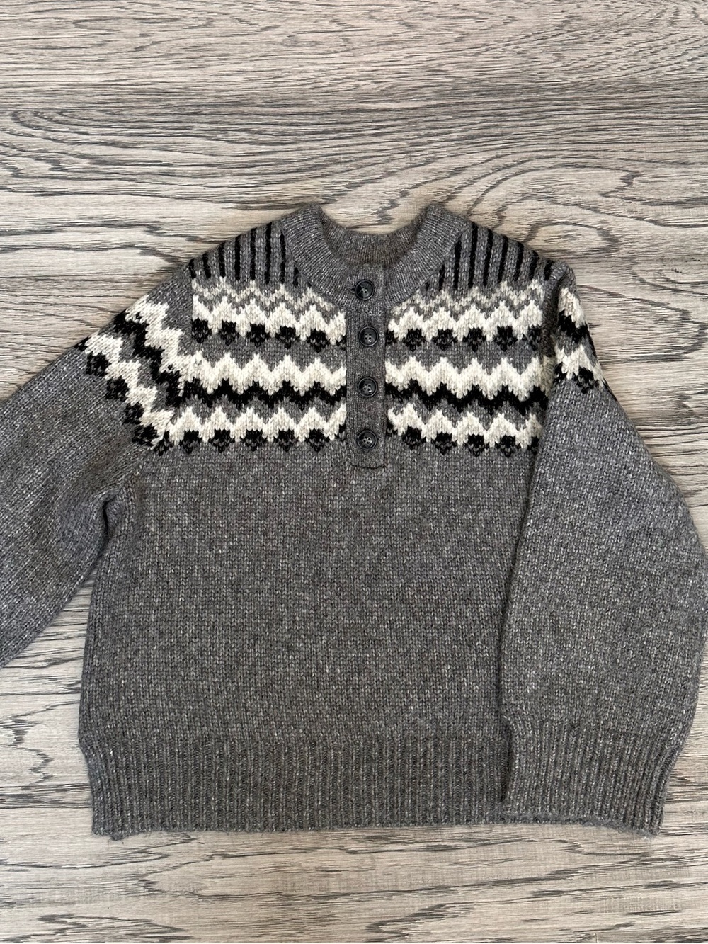 Zara Gray Fair Isle Crewneck Sweater with Button Placket